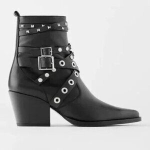 Zara Black Studded Leather Heeled Ankle Size 6